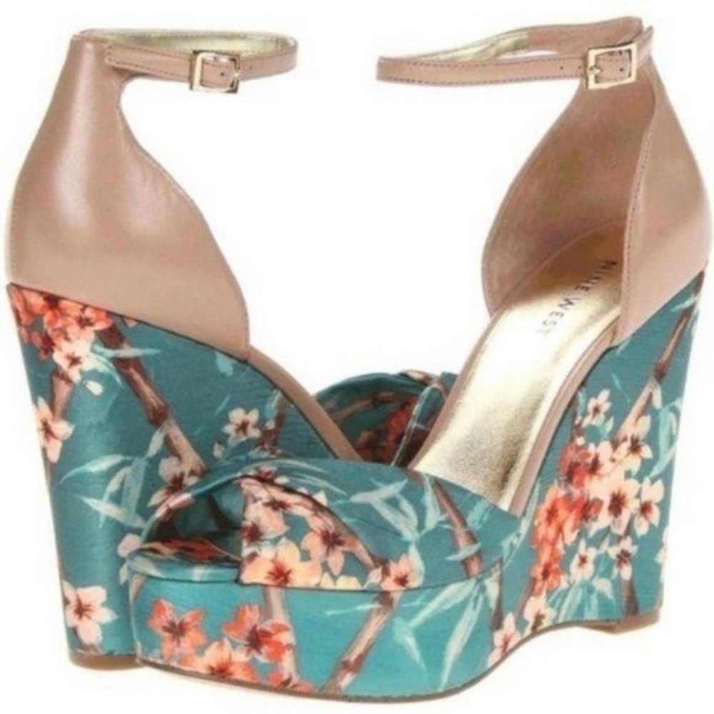 Nine West Teal Floral Print Platform Wedge Sandals with Nude Ankle Strap